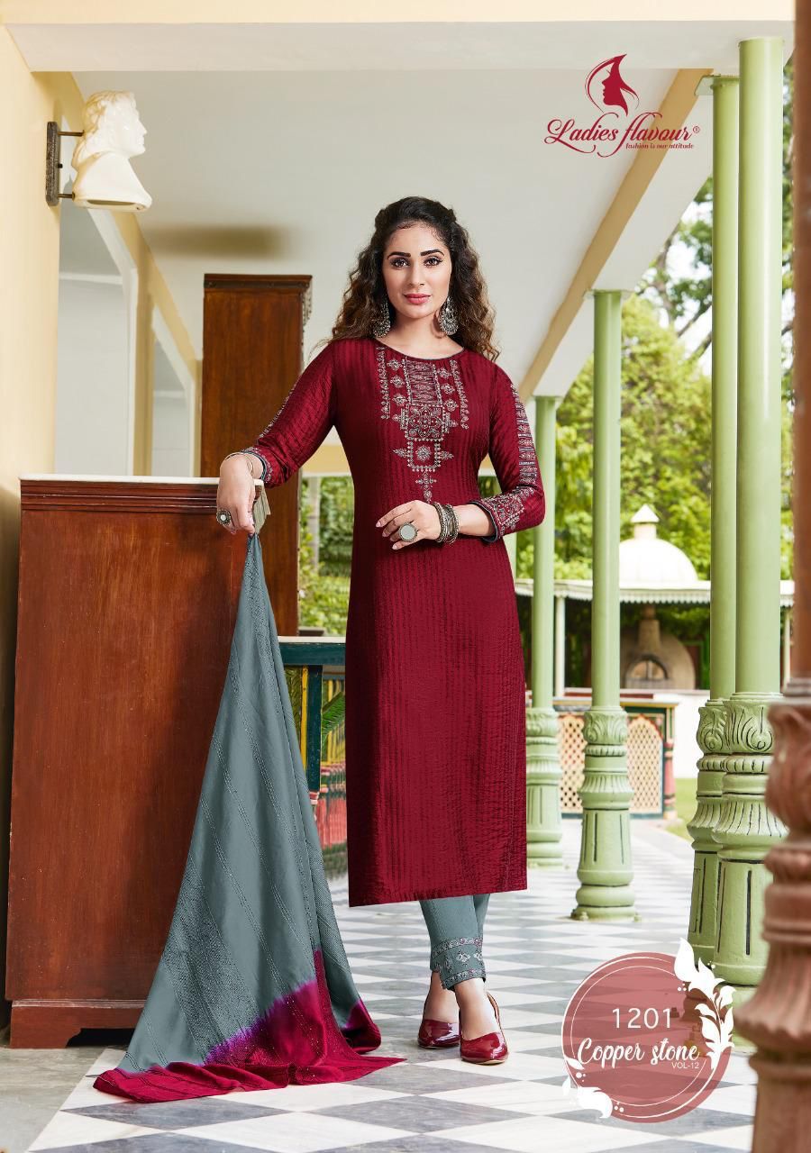 Ladies Flavour Copper Stone 12 Festive Wear Wholesale Readymade Suit Catalog
